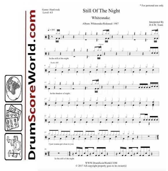 Whitesnake - Still Of The Night - Drum Sheet + Play-Along Track